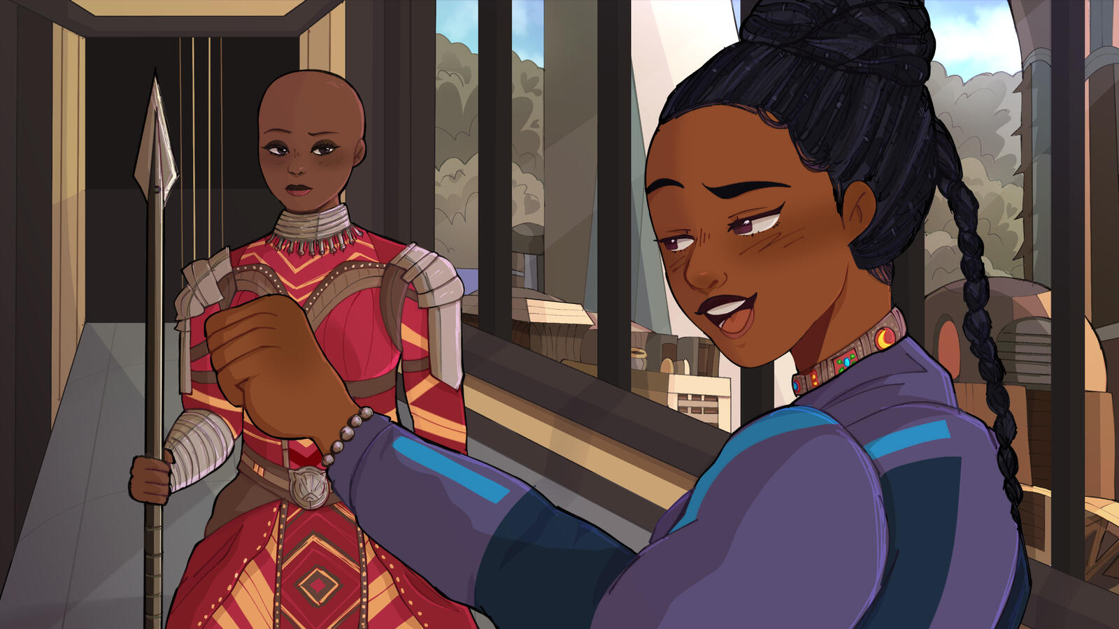 Ayo &amp; Shuri | 14 x 25 in (2022) Commissioned by a Lead Artist from the company Blizzard, KLeCrone asked for a warm illustrated scene between MARVEL characters Ayo and Shuri Clip Studio Paint &amp; Photoshop