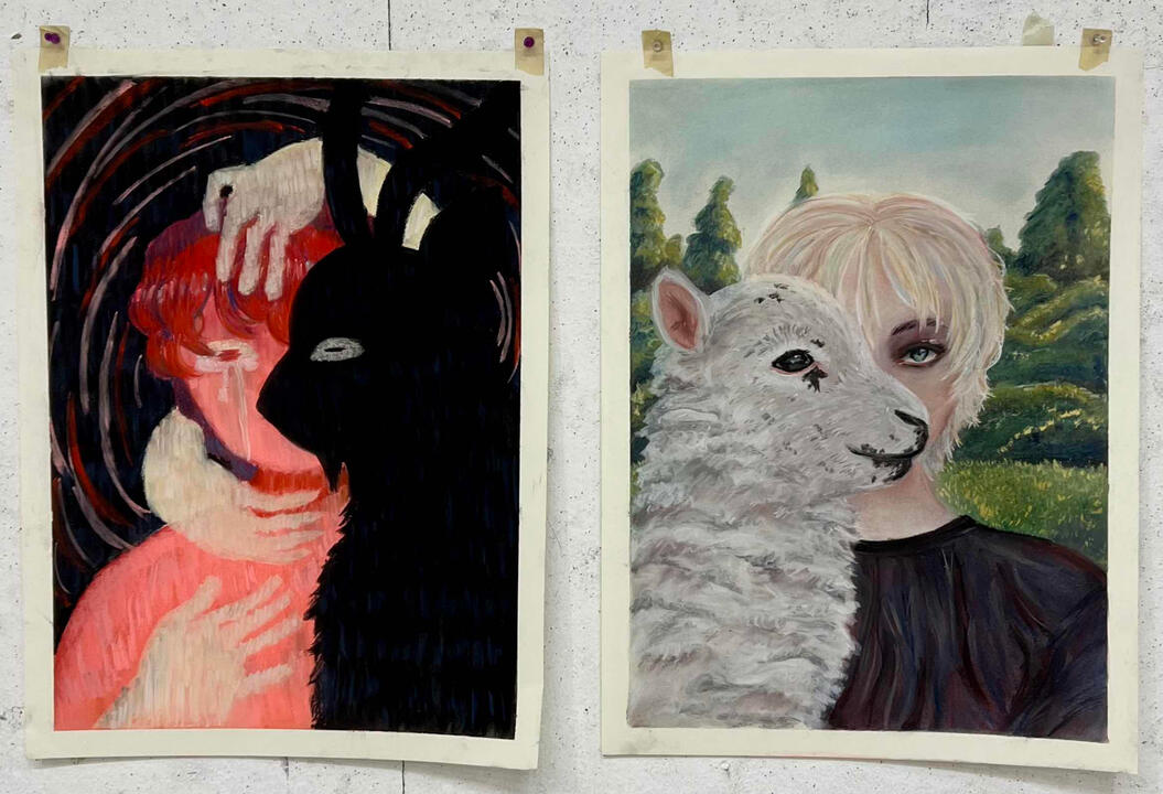 Dream & Nightmare | 23 x 31 in (2023) Students were tasked with creating two pieces based on a set of themes. I chose Dream & Nightmare, and depicted a sacrificial lamb and a demonic goat to represent self esteem and grief Chalk Pastels