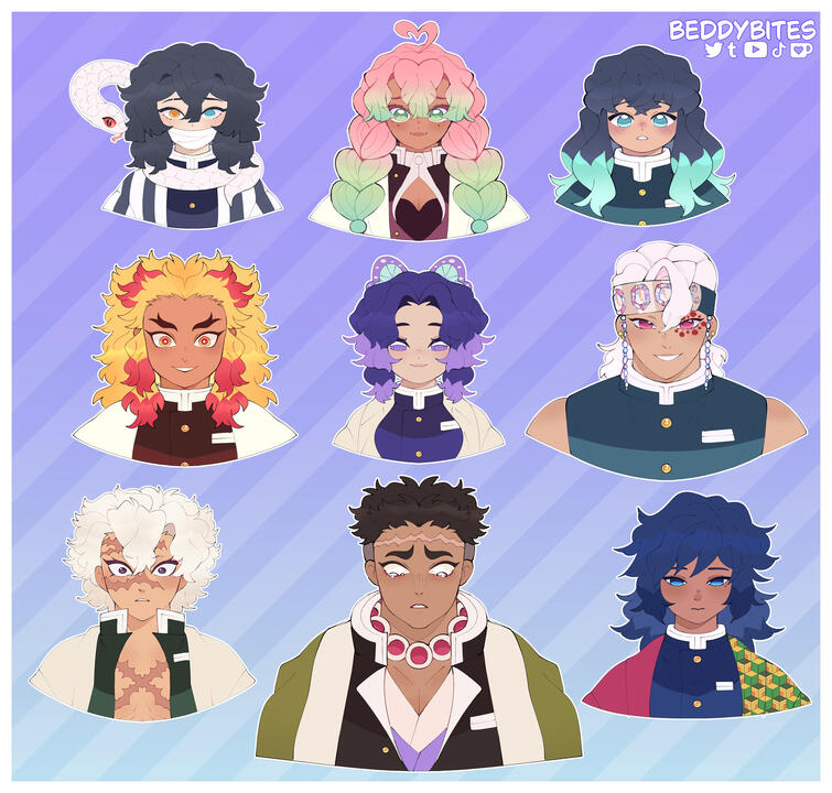 Hashira Headshots | 11 x 11 in (2025) To experiment with colors and features, I drew my depictions of a variety of characters from Demon Slayer Clip Studio Paint
