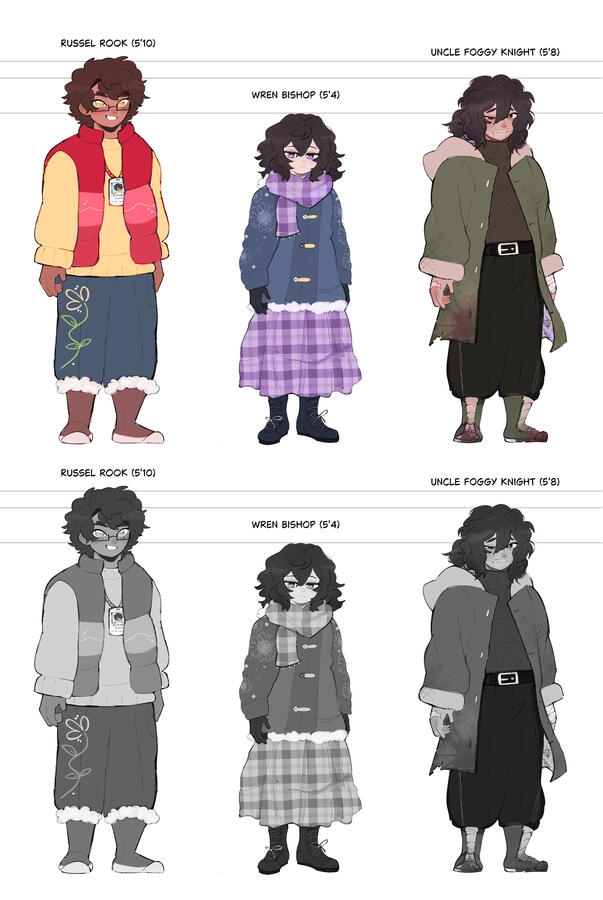 Huntwoe Hill Characters | 8 x 12 in (2024) As part of an assignment to create a comic book page, I had to design three characters. I started in grayscale to figure out shades and values, then colored it later Clip Studio Paint